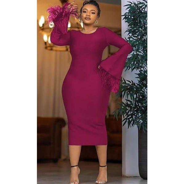 Long Feather Sleeve Bodycon Dress