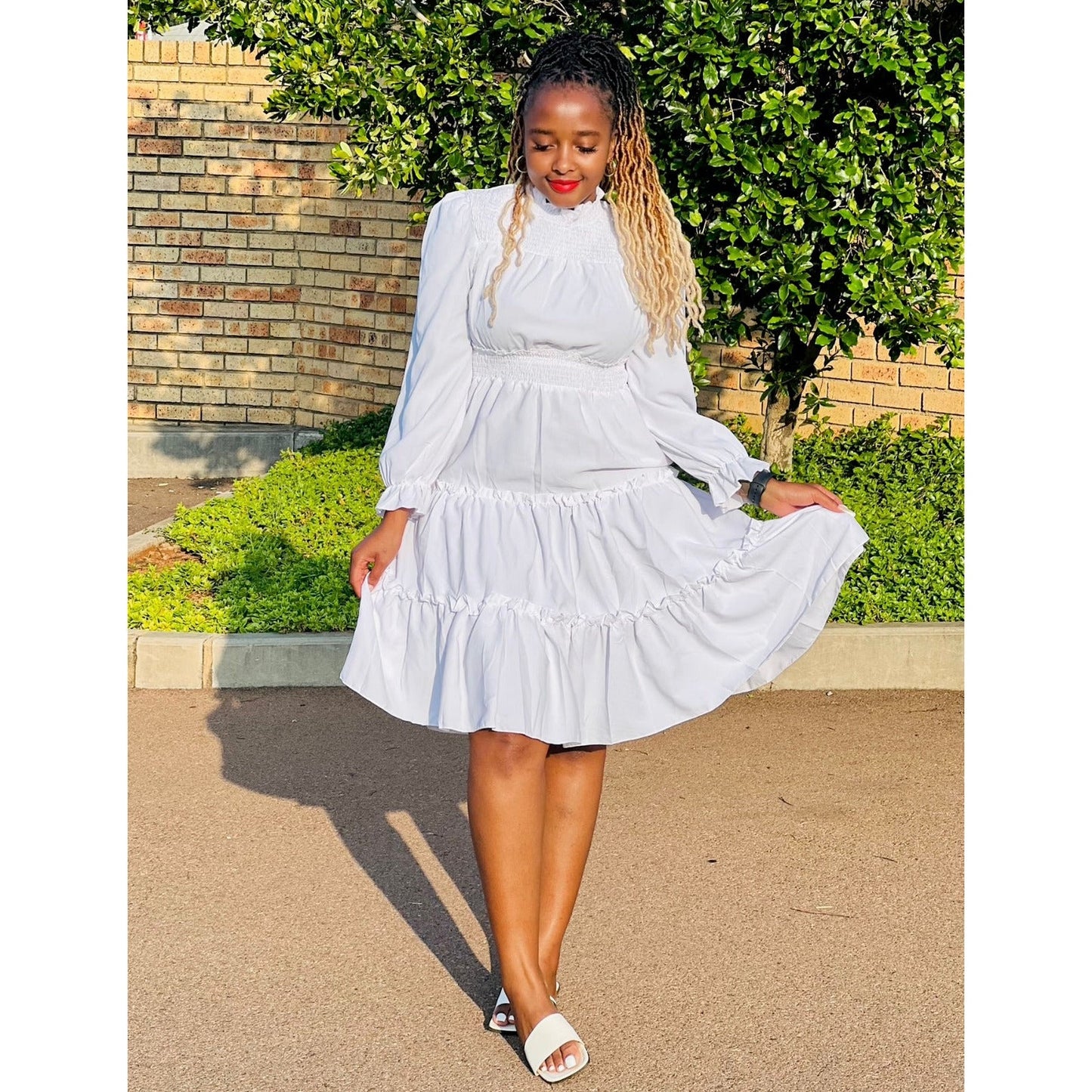 Pleated Long Sleeve Stand Collar Dress