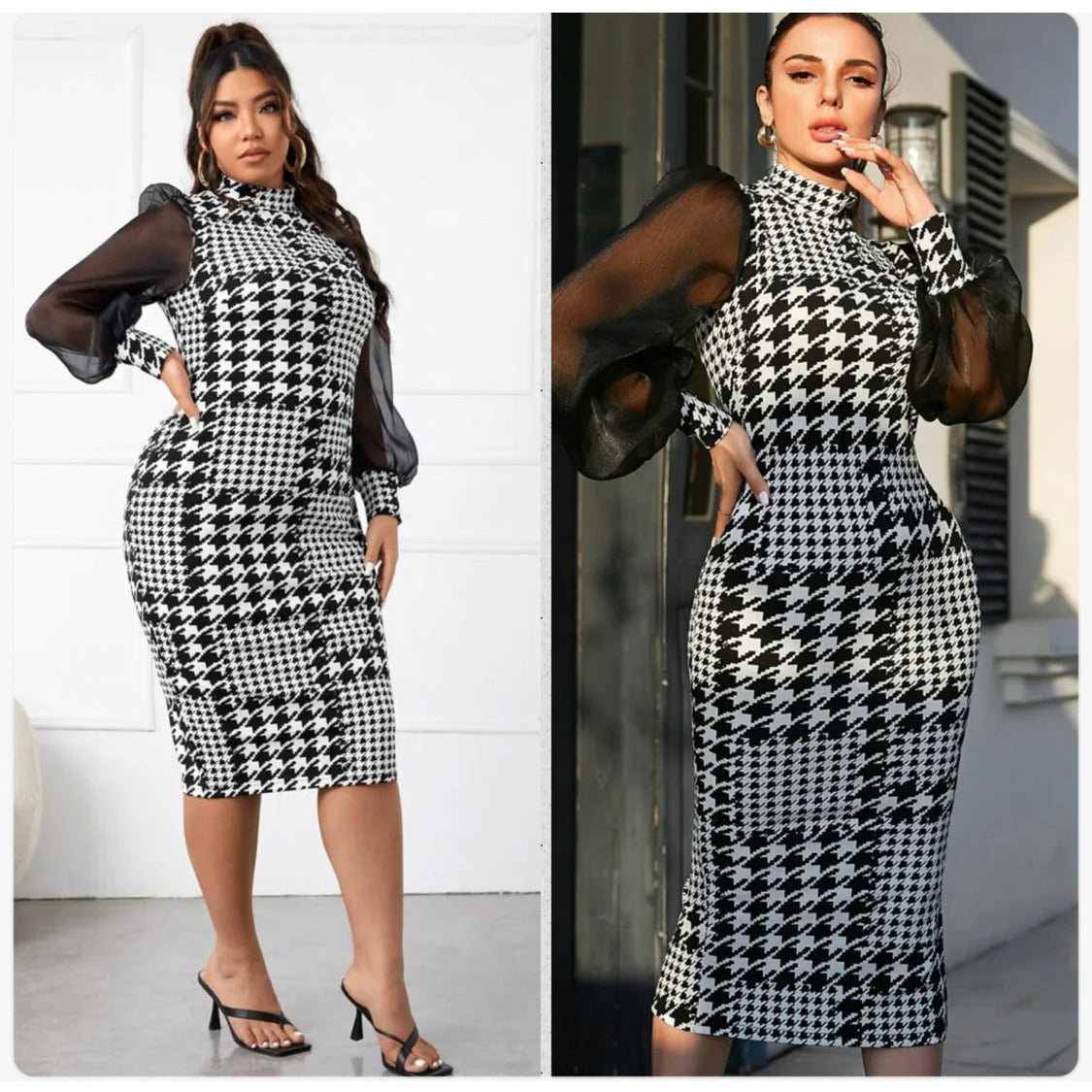 Houndstooth Print Mesh Sleeve Dress
