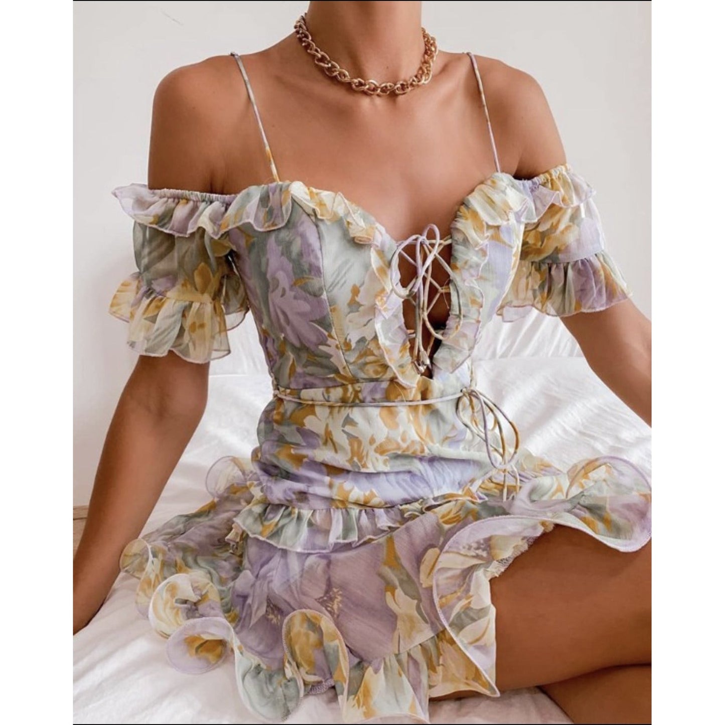 Lace-up Ruffle Floral Mini Dress