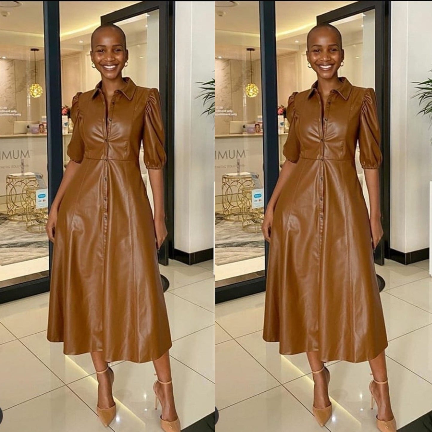 Button Up Faux Lather Vintage Dress