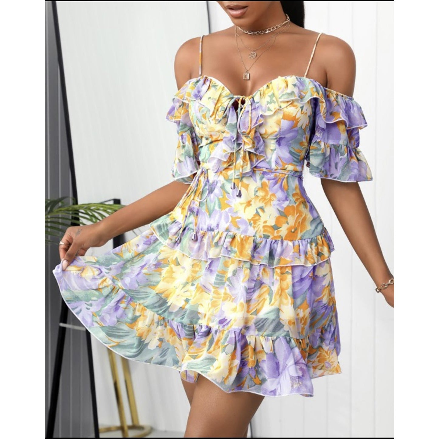 Lace-up Ruffle Floral Mini Dress