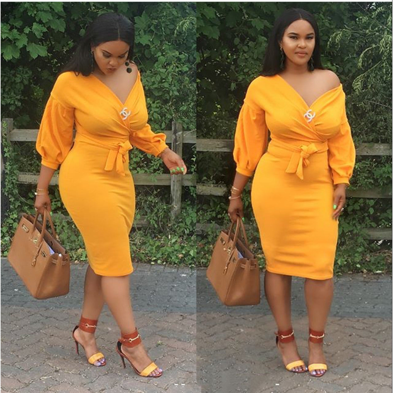 Deep V-Neck Cold Shoulder Bodycon Dress