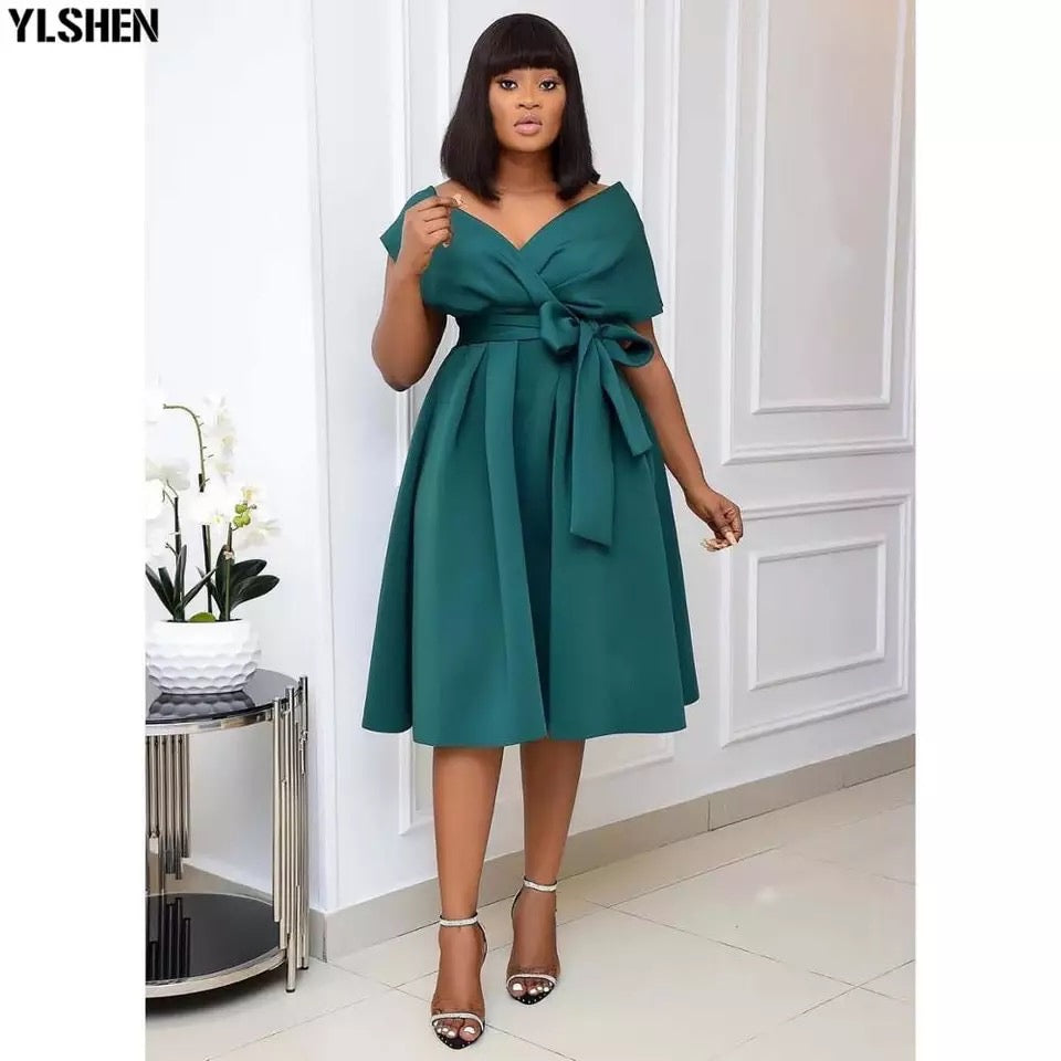 V-Neck Waist Belt Bowtie Dress