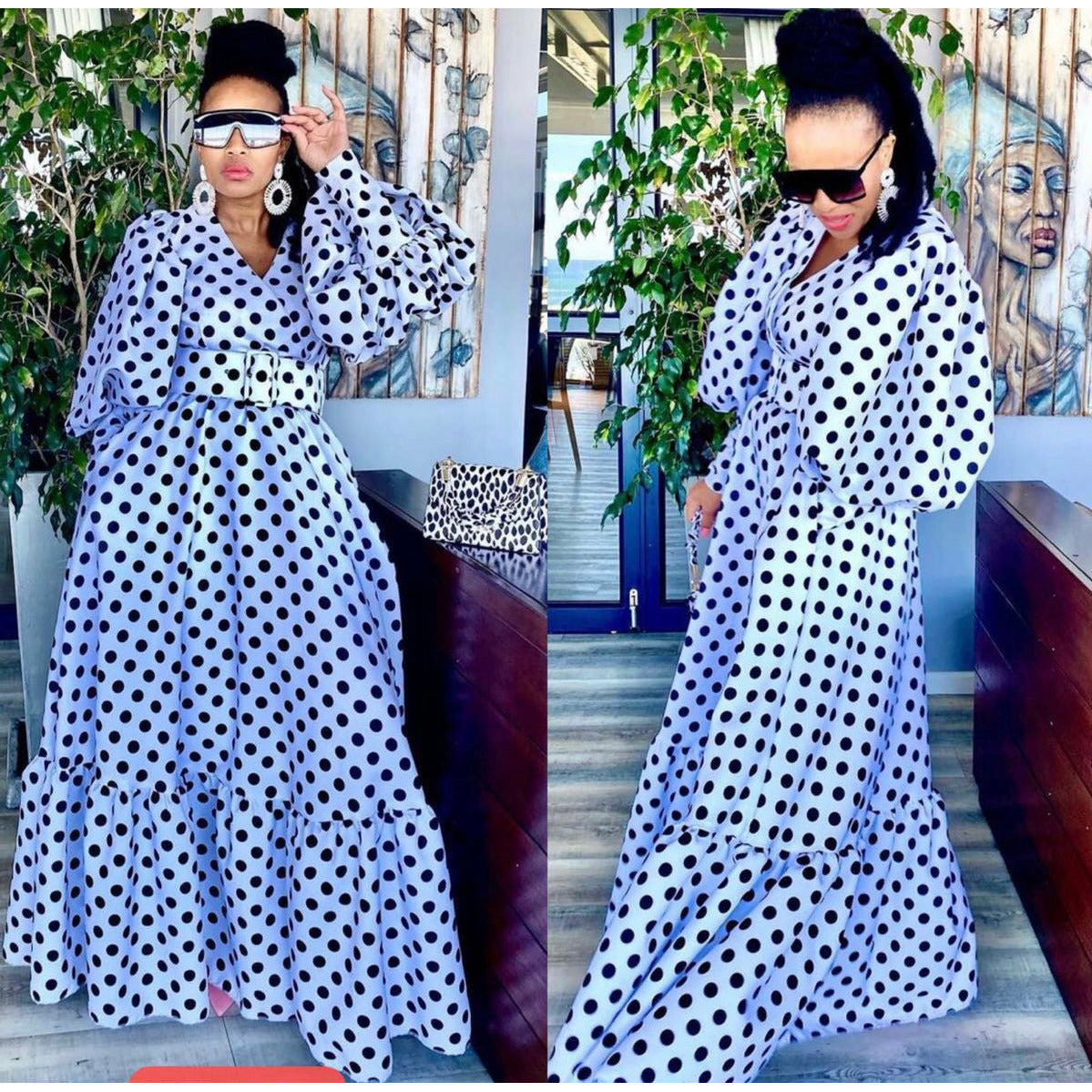 Deep V-Neck Polka Dot Long Sleeve Maxi Dress