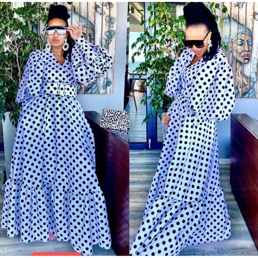Deep V-Neck Polka Dot Long Sleeve Maxi Dress