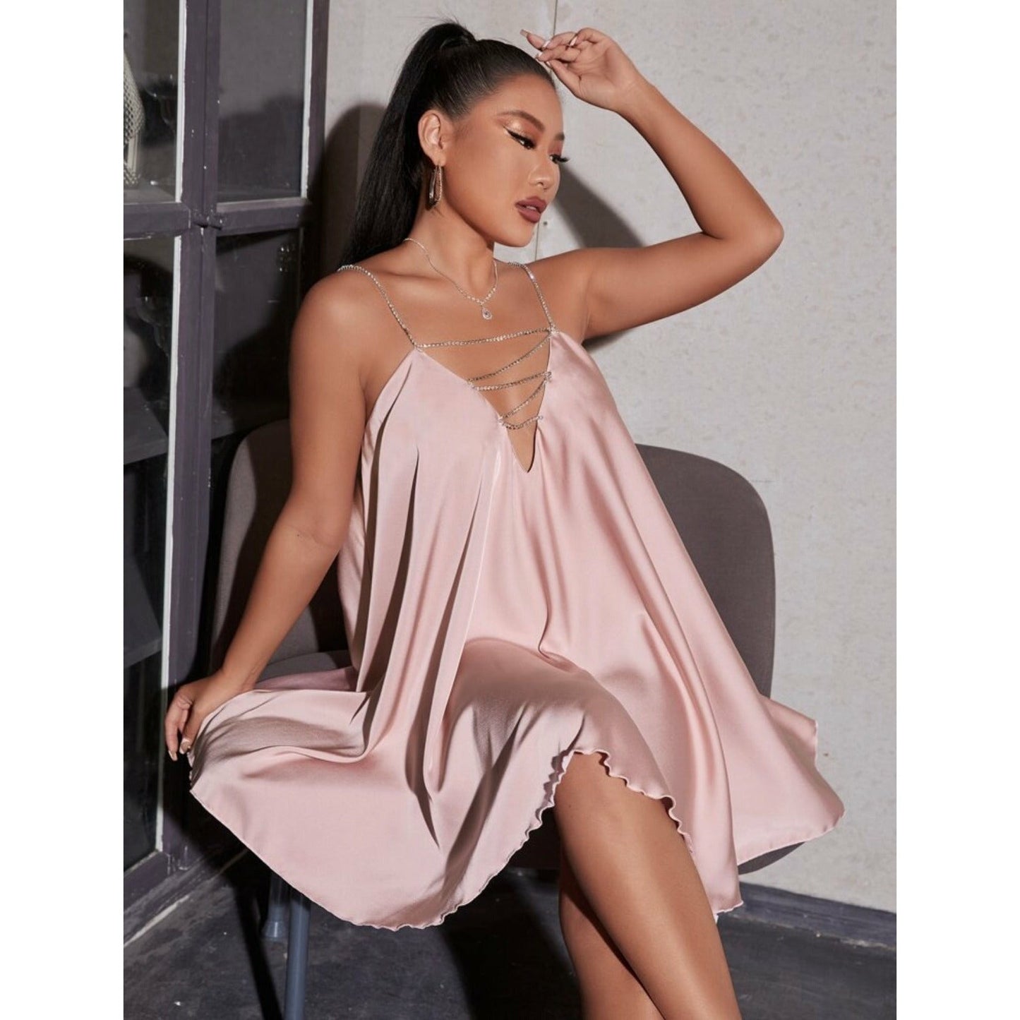 V Neck Chain Strap Backless Dress