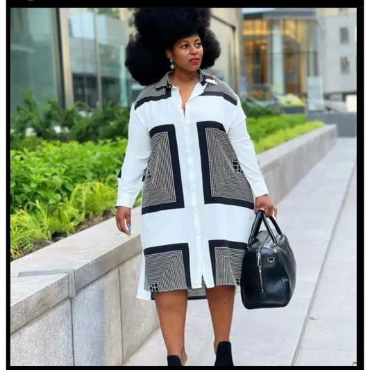Square Abstract Print Plus-size Shirt Dress
