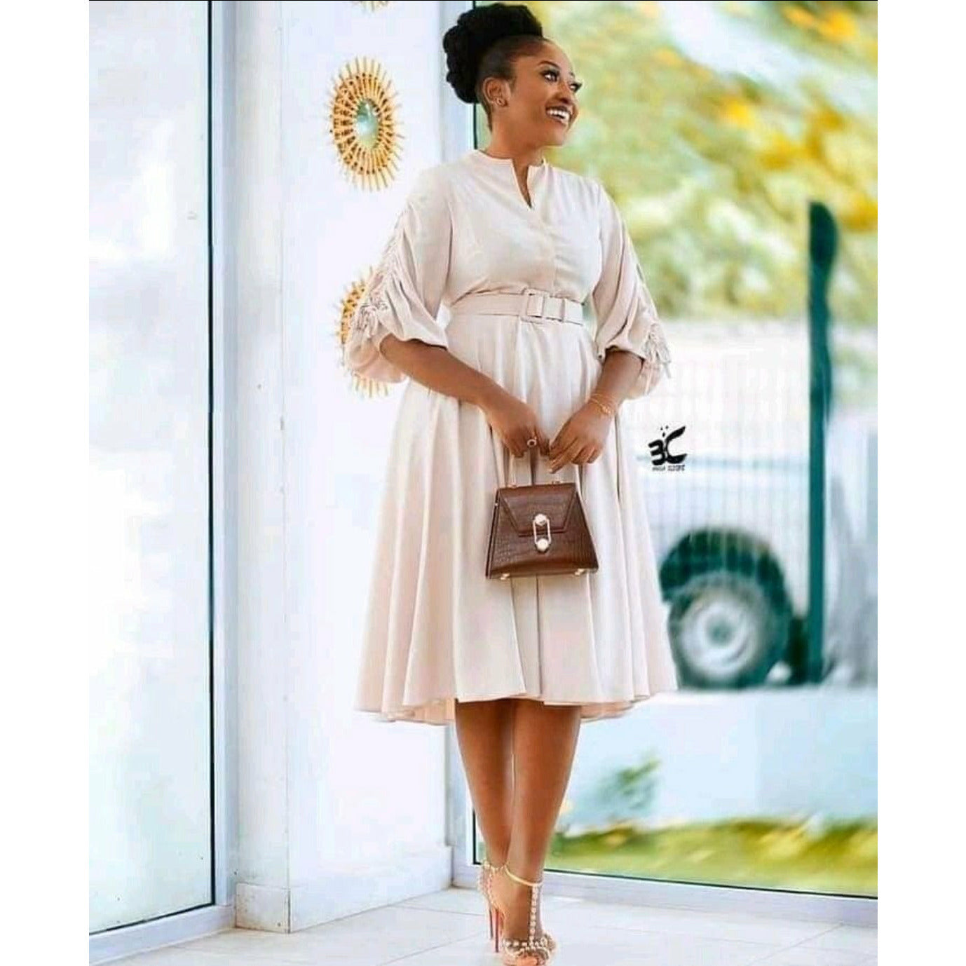 V-Neck Belted Midi Dress