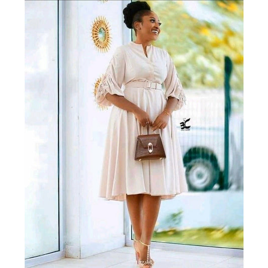 V-Neck Belted Midi Dress