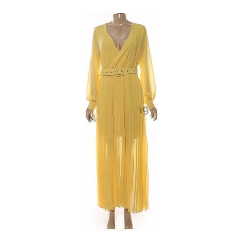 Deep V-Neck Long Sleeve Pleated Maxi Dress