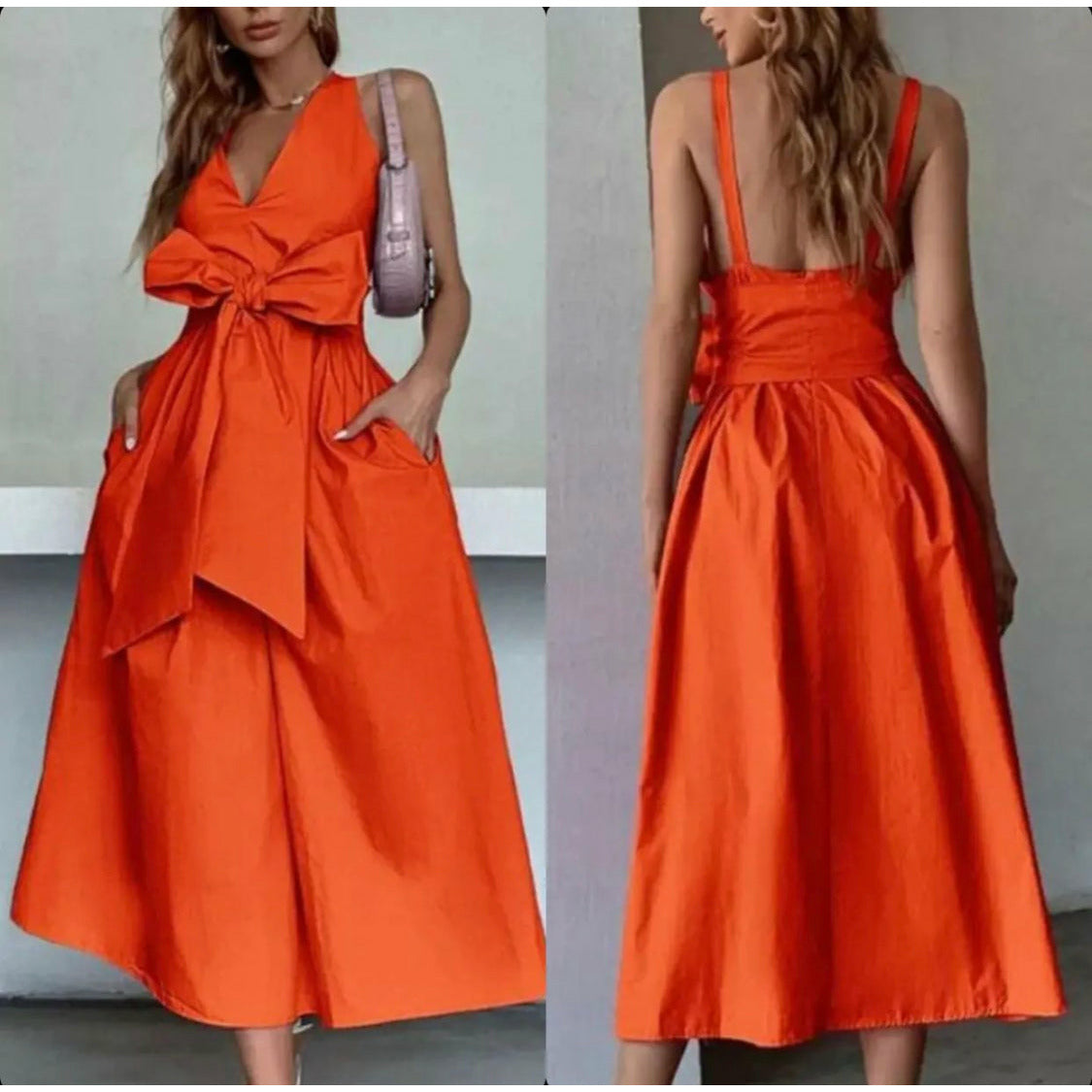 Sexy V Neck Sleeveless Big Bow Open Back Dress