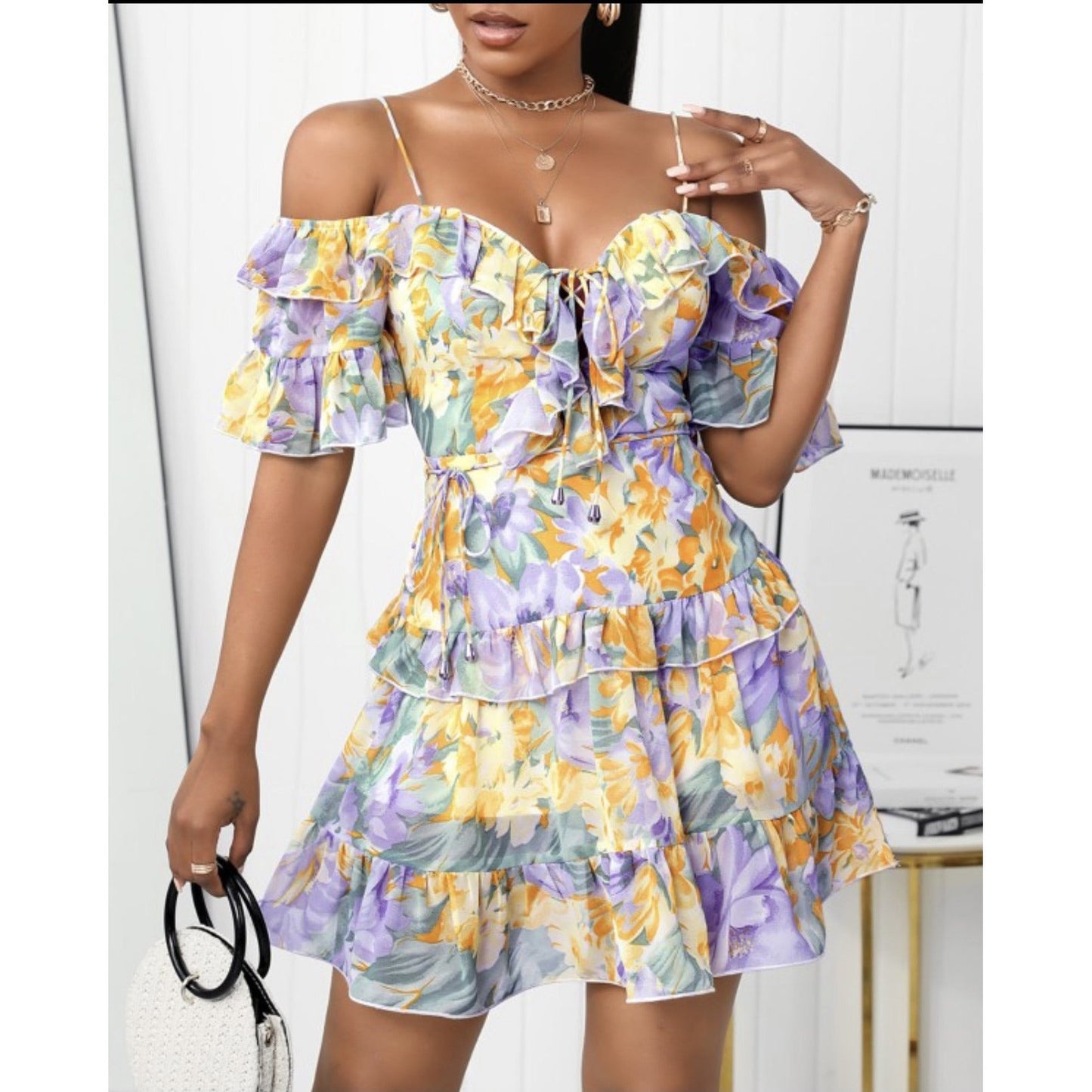 Lace-up Ruffle Floral Mini Dress