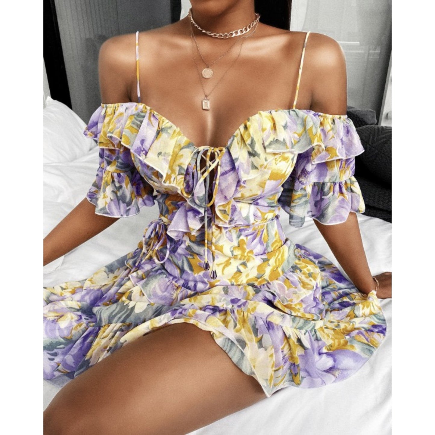 Lace-up Ruffle Floral Mini Dress