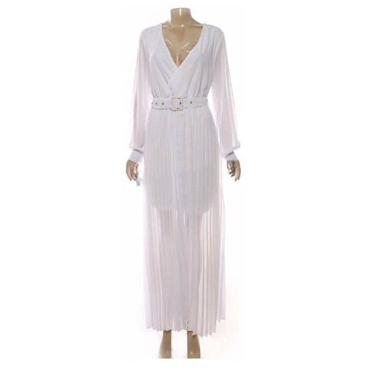 Deep V-Neck Long Sleeve Pleated Maxi Dress