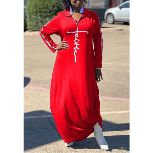 Print Long Sleeve Loose Long Dress