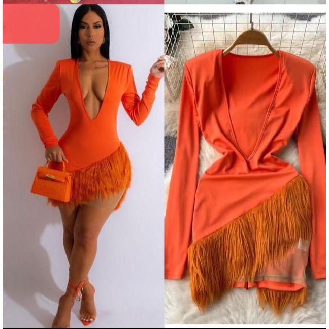 Deep V-Neck feather Detailed Dress