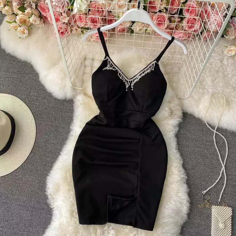 V-Neck Rhinestone Tassels Mini Dress