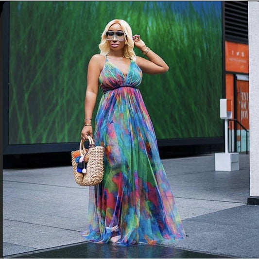 Sexy Print Tie Dye Backless V Neck Dress