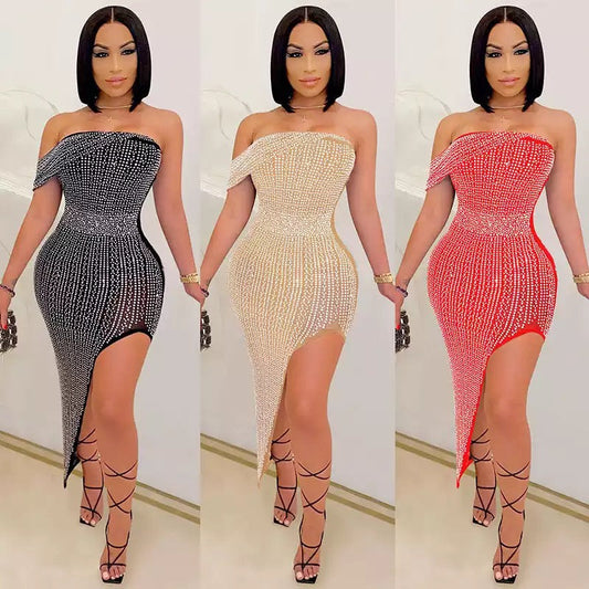 Rhinestone Diamond Asymmetrical Sexy Dress