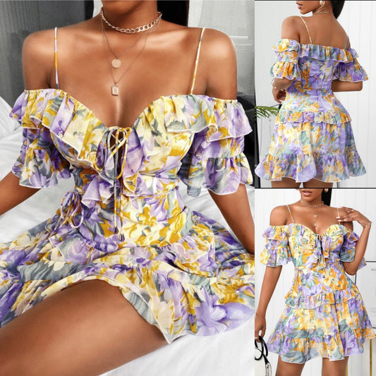 Lace-up Ruffle Floral Mini Dress