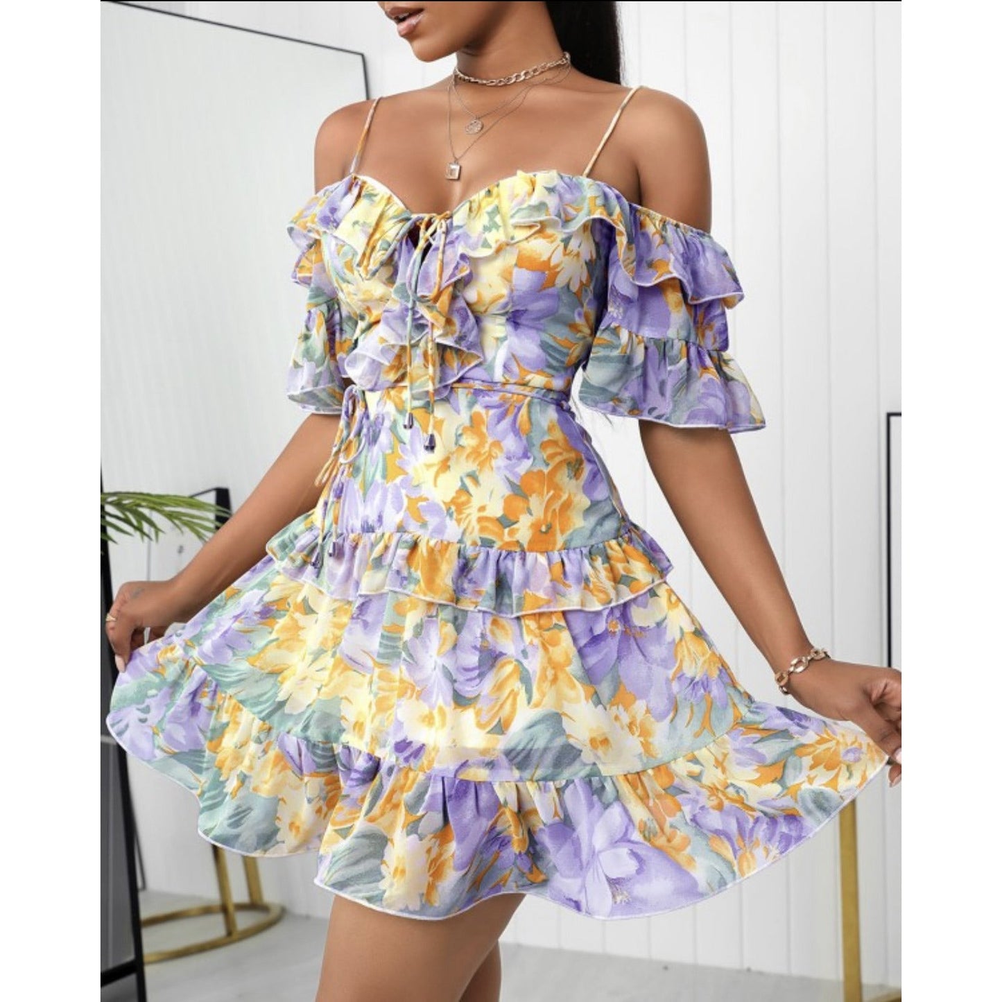 Lace-up Ruffle Floral Mini Dress