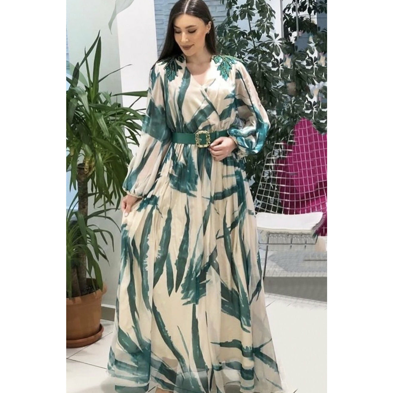 V-Neck Floral Long Sleeve Maxi Dress