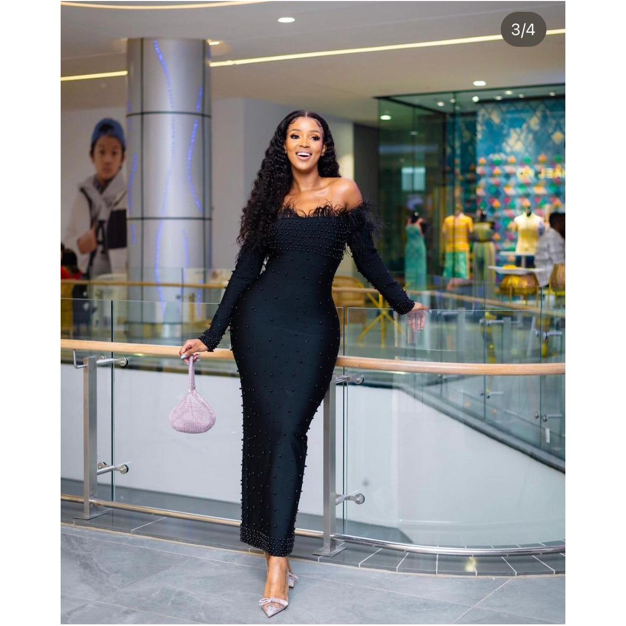 Feather Off Shoulder Beaded Detailed Dress