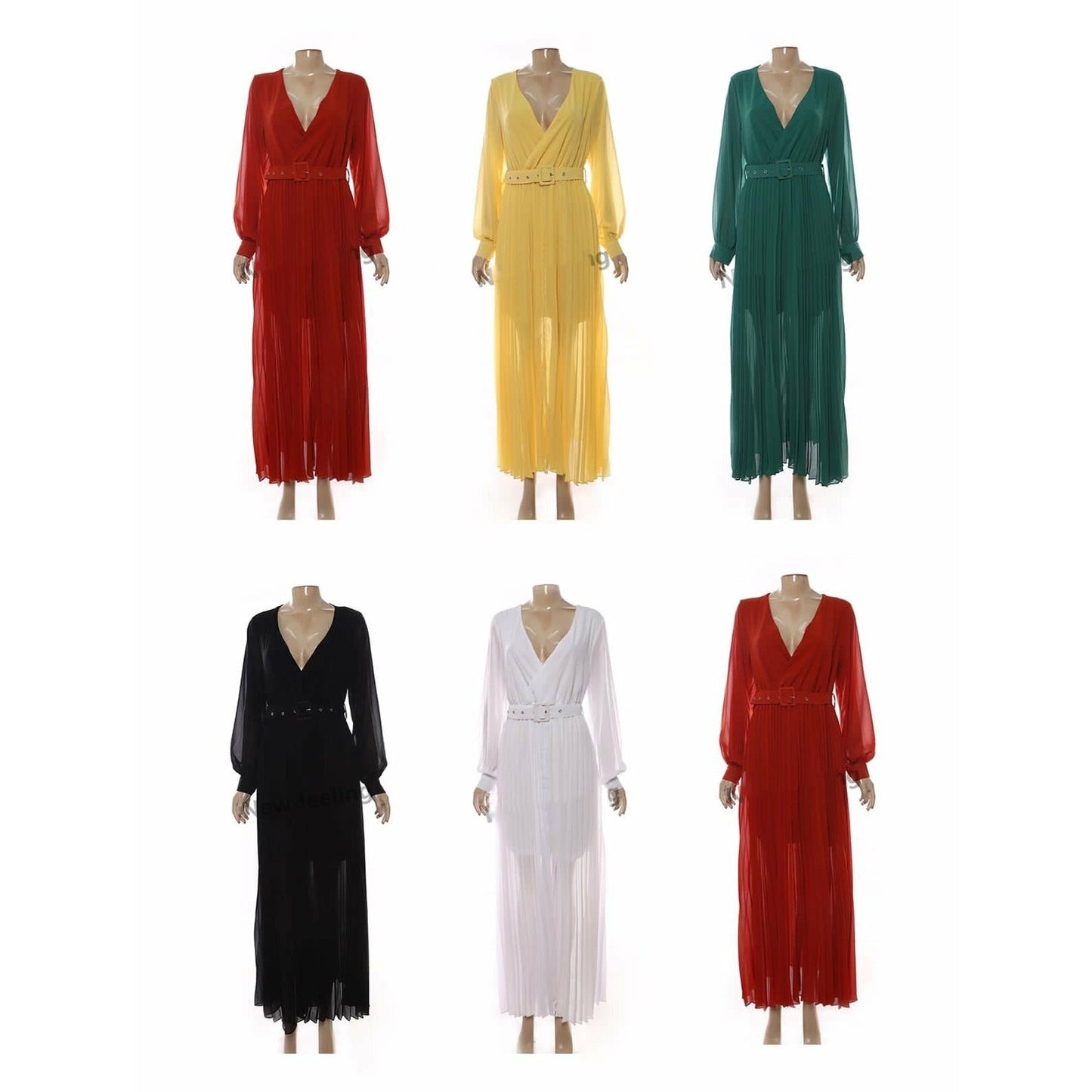 Deep V-Neck Long Sleeve Pleated Maxi Dress