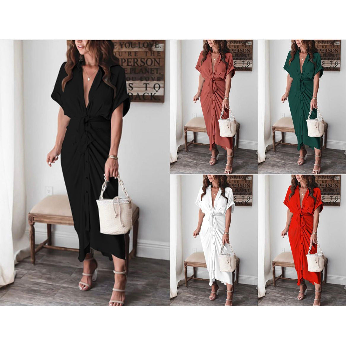 Short Sleeve Button Detailed Asymmetric Dress