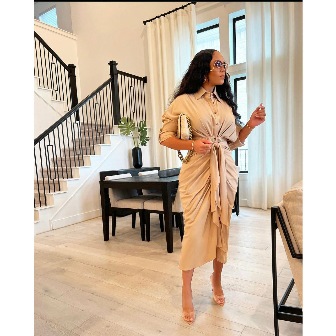 Short Sleeve Button Detailed Asymmetric Dress