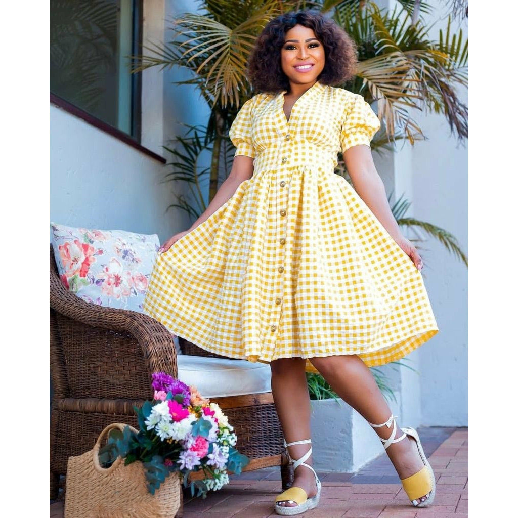 Short Sleeve V Neck Plaid Midi Dress