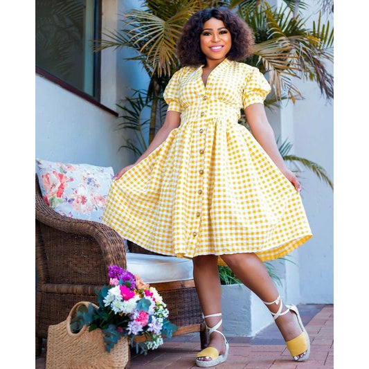 Short Sleeve V Neck Plaid Midi Dress