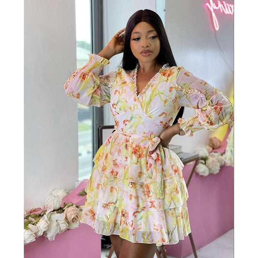 V-Neck Layered Floral Mini Dress