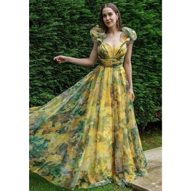 Printed Ruffle Chiffon Maxi Dress