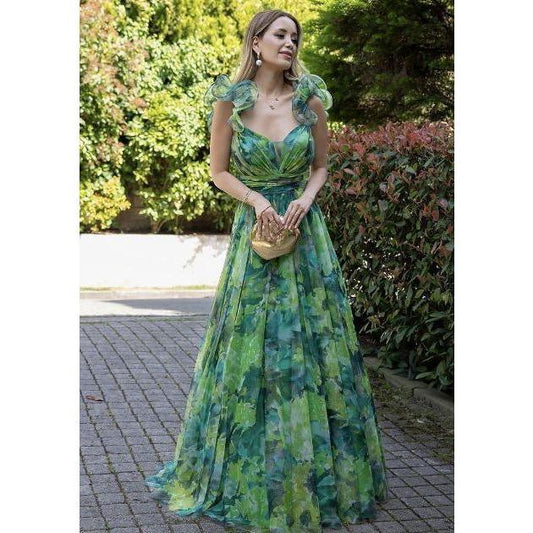 Printed Ruffle Chiffon Maxi Dress