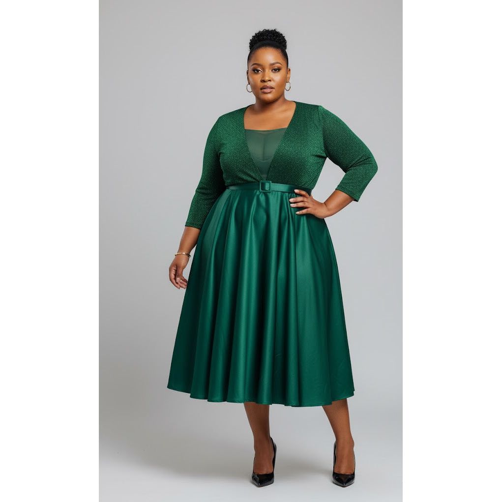 Plus Size Belted Fit and Flare Midi Dress with Long Sleeves