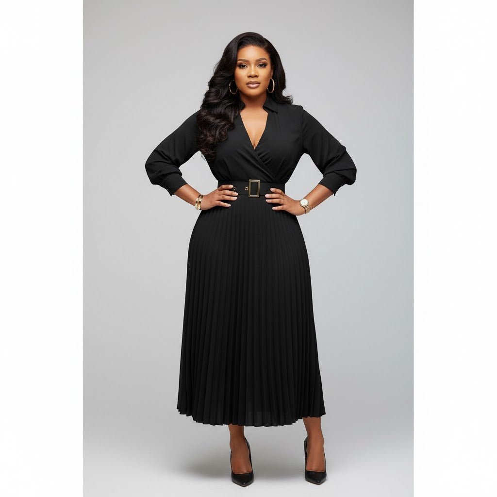 Elegant Lantern Sleeve Pleated Dress.