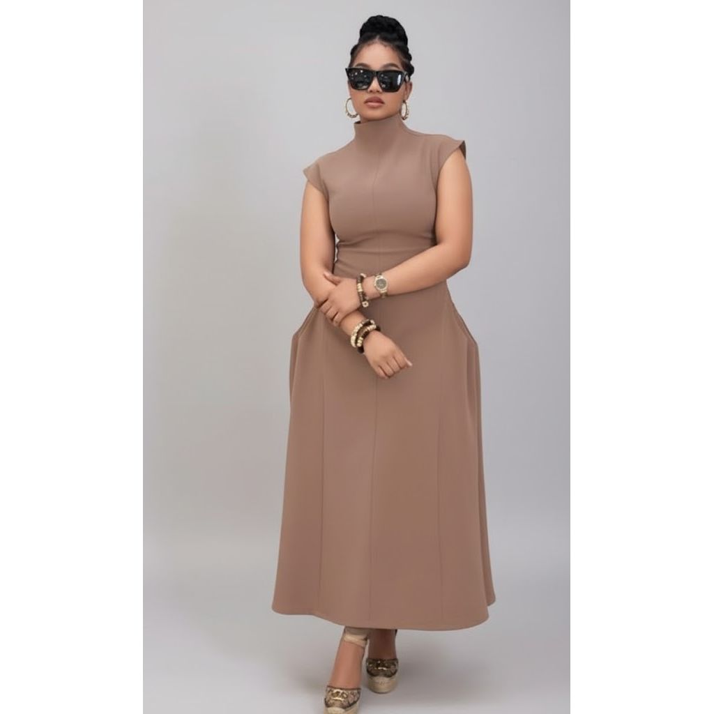 Chic Solid Color High Neck Style Maxi Dress