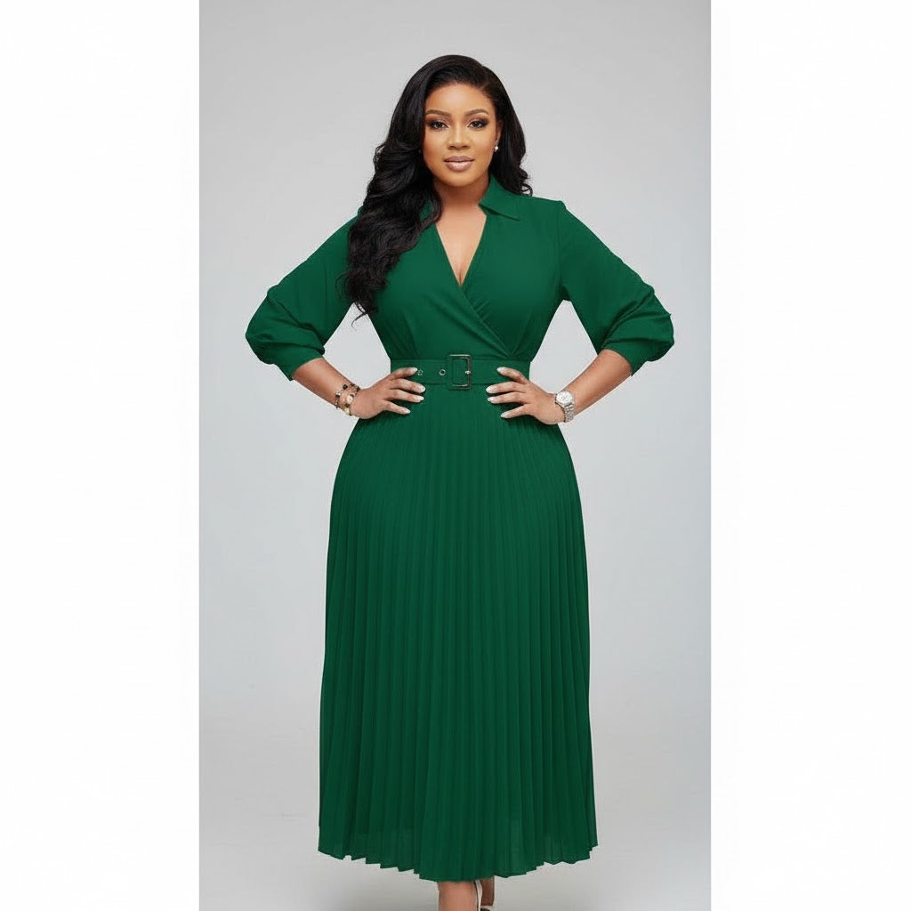 Elegant Lantern Sleeve Pleated Dress.