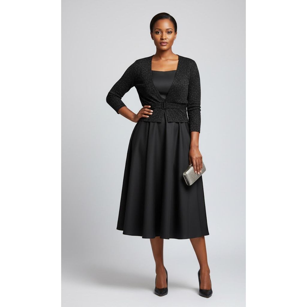 Plus Size Belted Fit and Flare Midi Dress with Long Sleeves