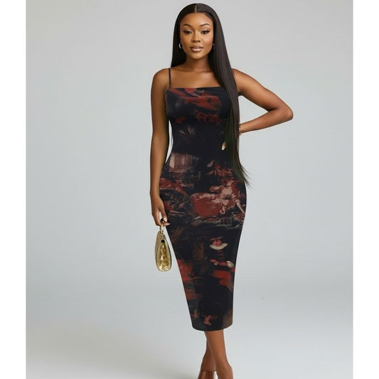 Floral Printed Bodycon Midi Dress with Spaghetti Straps