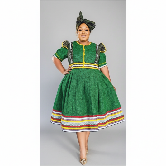 Button Detailed Plus-Size Ankara Midi Dress