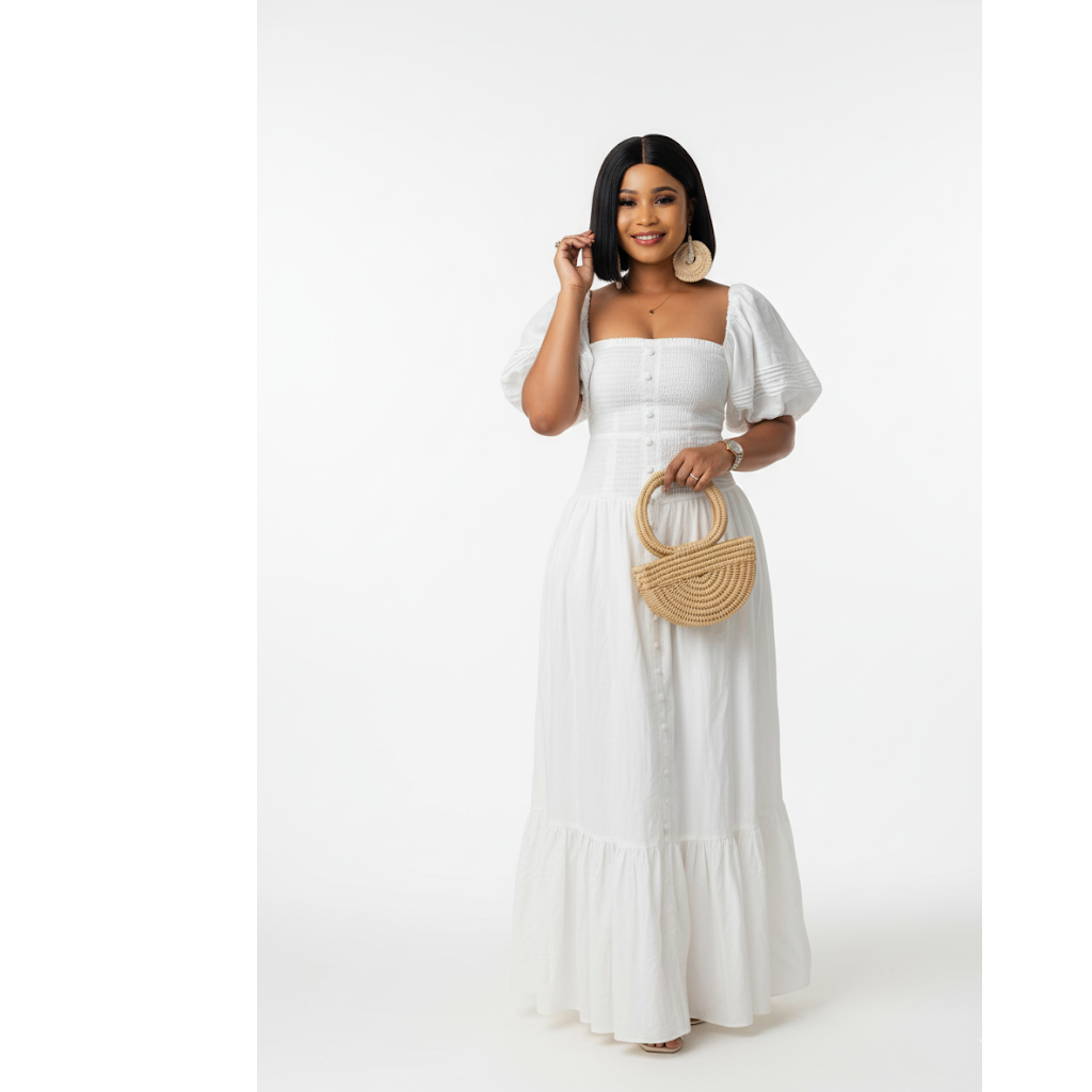 Square Neck Short Sleeve Flare Maxi Dress.