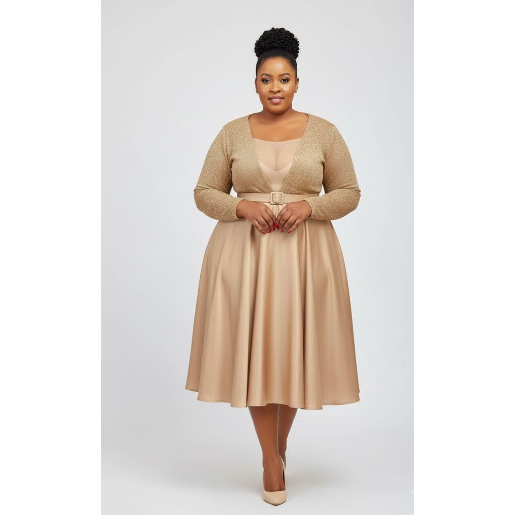 Plus Size Belted Fit and Flare Midi Dress with Long Sleeves