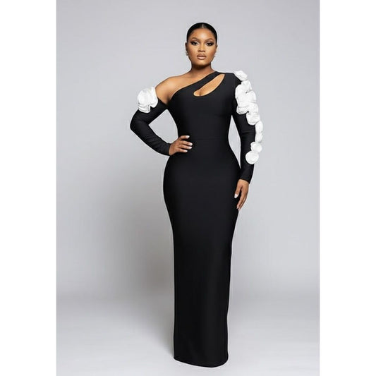 One-Shoulder Floral Sleeve Bodycon Maxi Dress