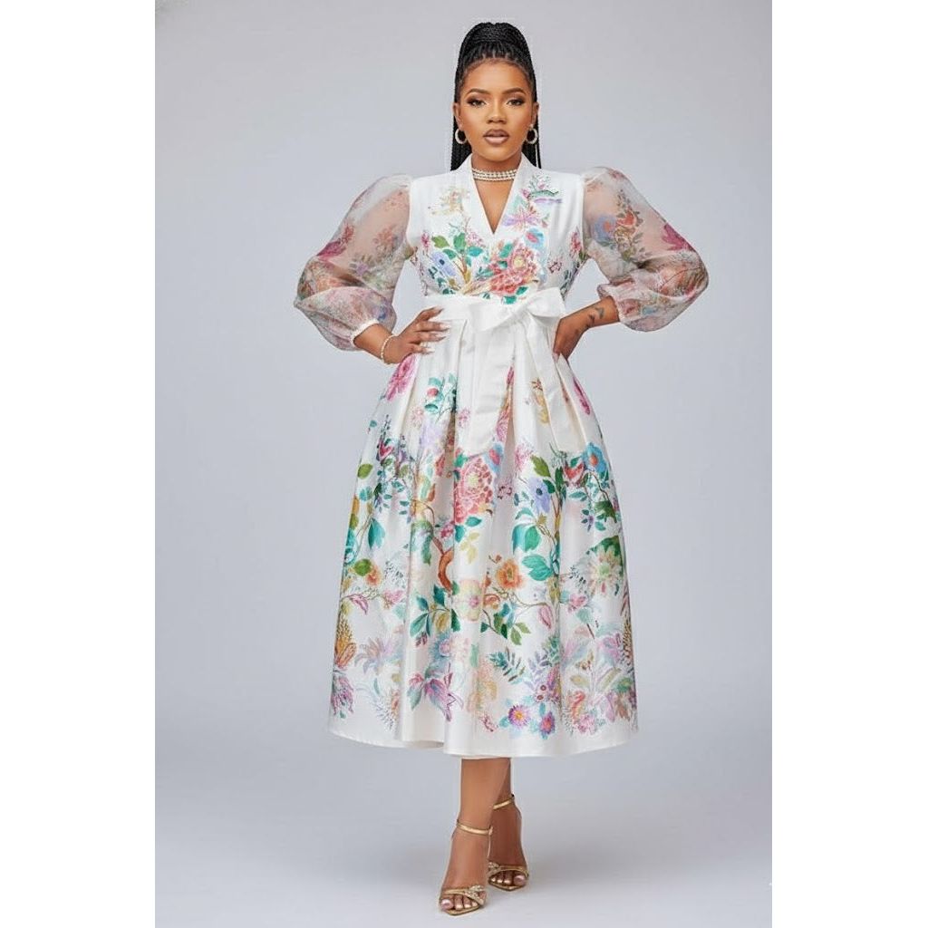 Fashion Style Floral Lace Long Sleeve Midi Dress