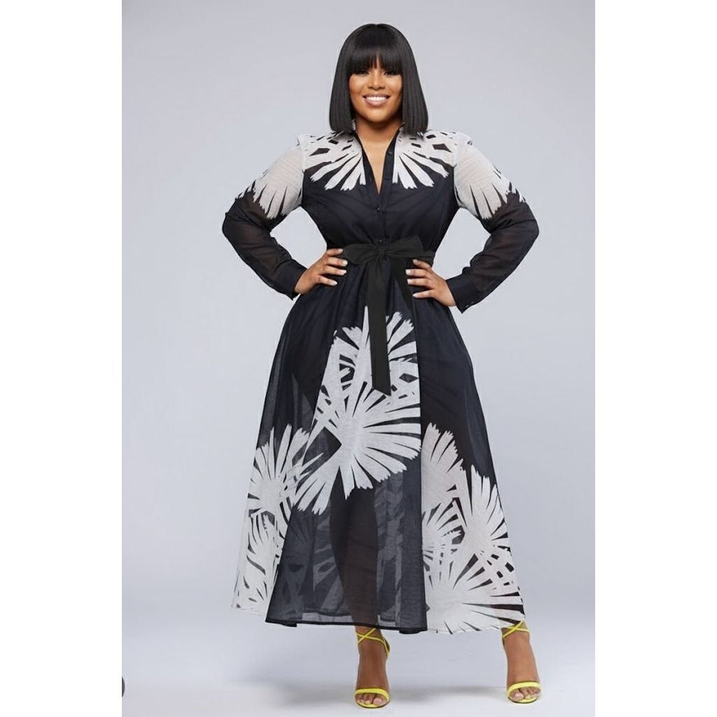 Floral Print Button-Down Half Placket Belted Dress