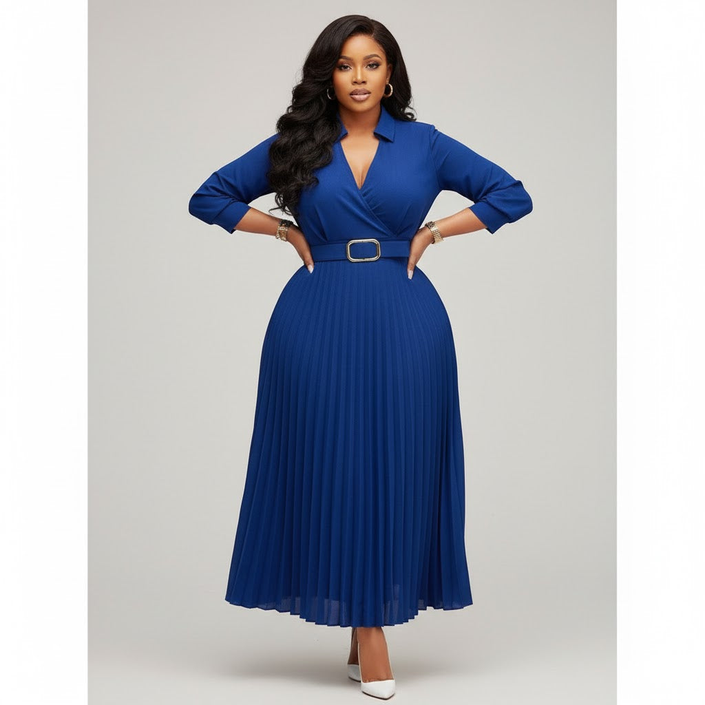 Elegant Lantern Sleeve Pleated Dress.