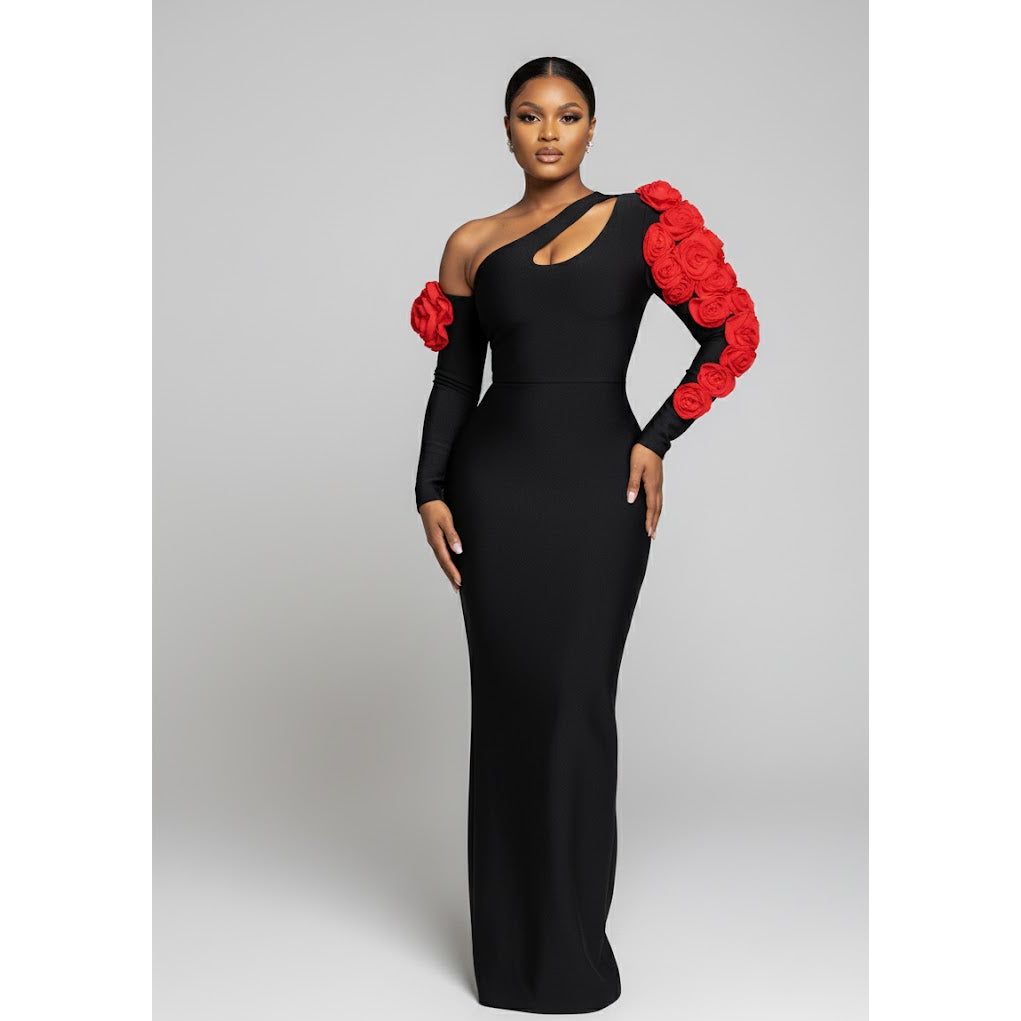 One-Shoulder Floral Sleeve Bodycon Maxi Dress